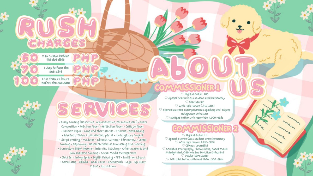 🌤 Want to enjoy a picnic date with out the troubles of schoolwork? Sit, relax and enjoy while we help you!

Get to know us more through our commsheets! ⋆˚✿˖°

🌸 Feedbacks &amp; Proofs: #HelpedbyCareComms
🌸 Samples: #CareCommsPieces 
🌸 Website: carecomms.carrd.co