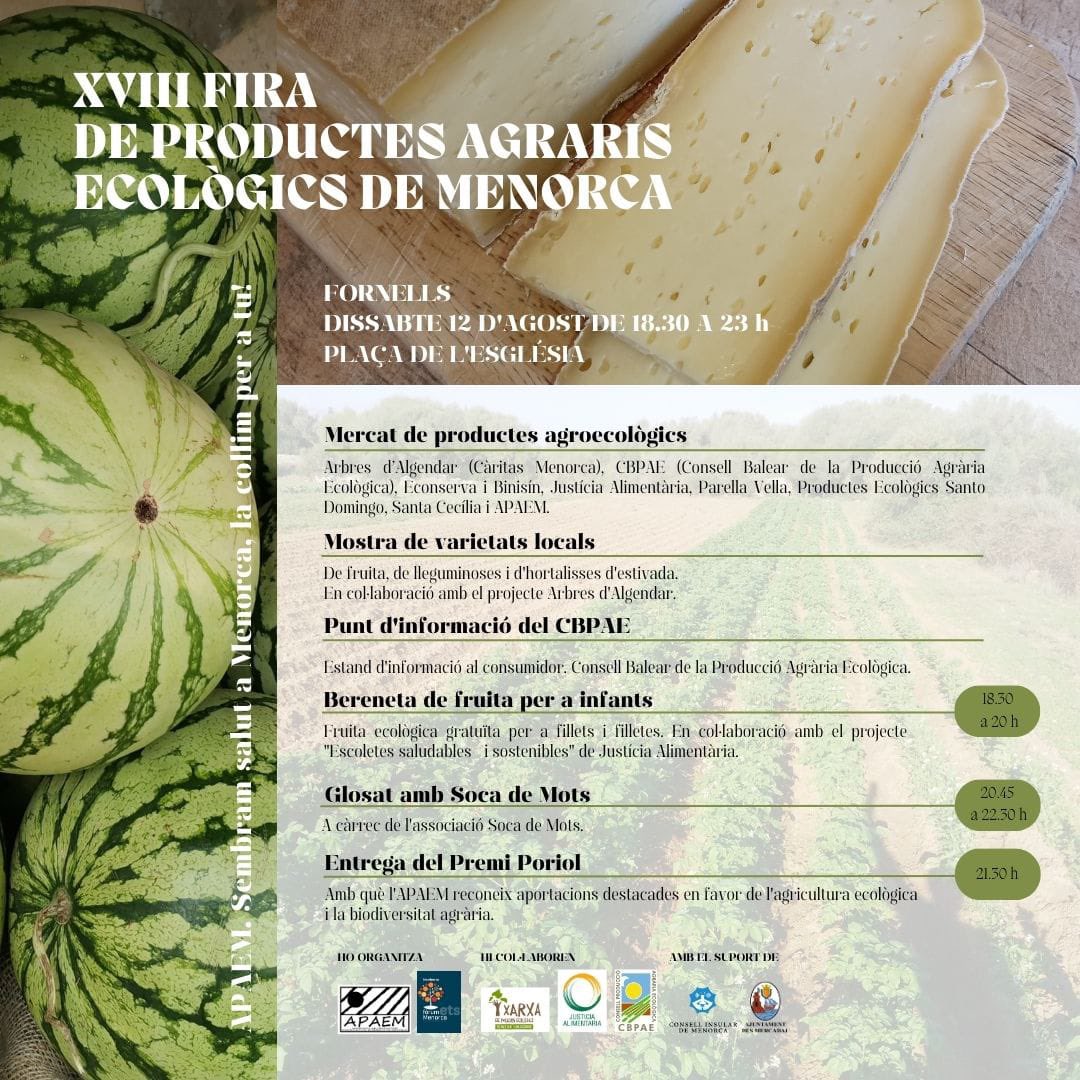El projecte Arbres d'Algendar participa aquest dissabte en la XVIII Fira de Productes Agraris Ecològics de Menorca d'APAEM

🗓Dissabte dia 12 d'agost
📍  Plaça de l'Església de Fornells
⏰18 h i les 23 h.

🥦
#Agricultura #Ecològica #Menorca #Fira #Fornells <a href="/apaemenorca/">APAEM</a>