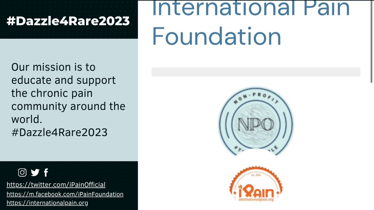 Up next is @iPainOfficial for #Dazzle4Rare2023 m.facebook.com/iPainFoundation 
internationalpain.org
#StrongerTogether #SupportingEachOther #RareConditions #RaisingAwareness