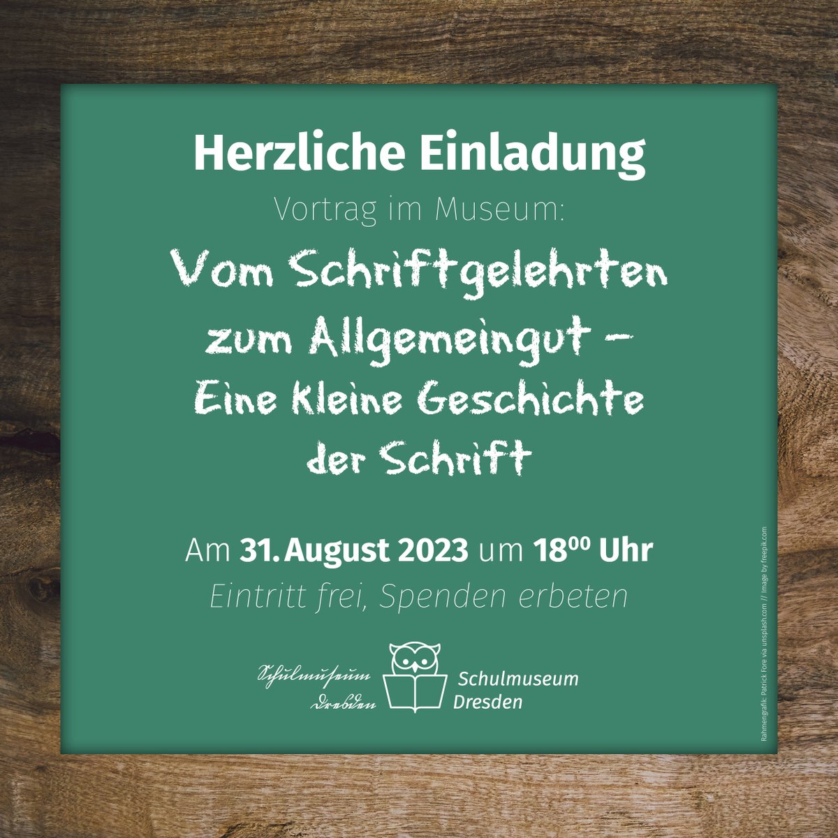 Schrift-Fans aufgepasst! 
Das #SchulmuseumDresden lädt herzlich zu einem besonderen Vortrag am 31.08.2023 um 18.00 Uhr ein. 
“Vom Schriftgelehrten  zum Allgemeingut ­­- Eine kleine Geschichte der Schrift” von Franz Neugebauer zeigt die spannende Welt der Schrift. ✒️🔠
