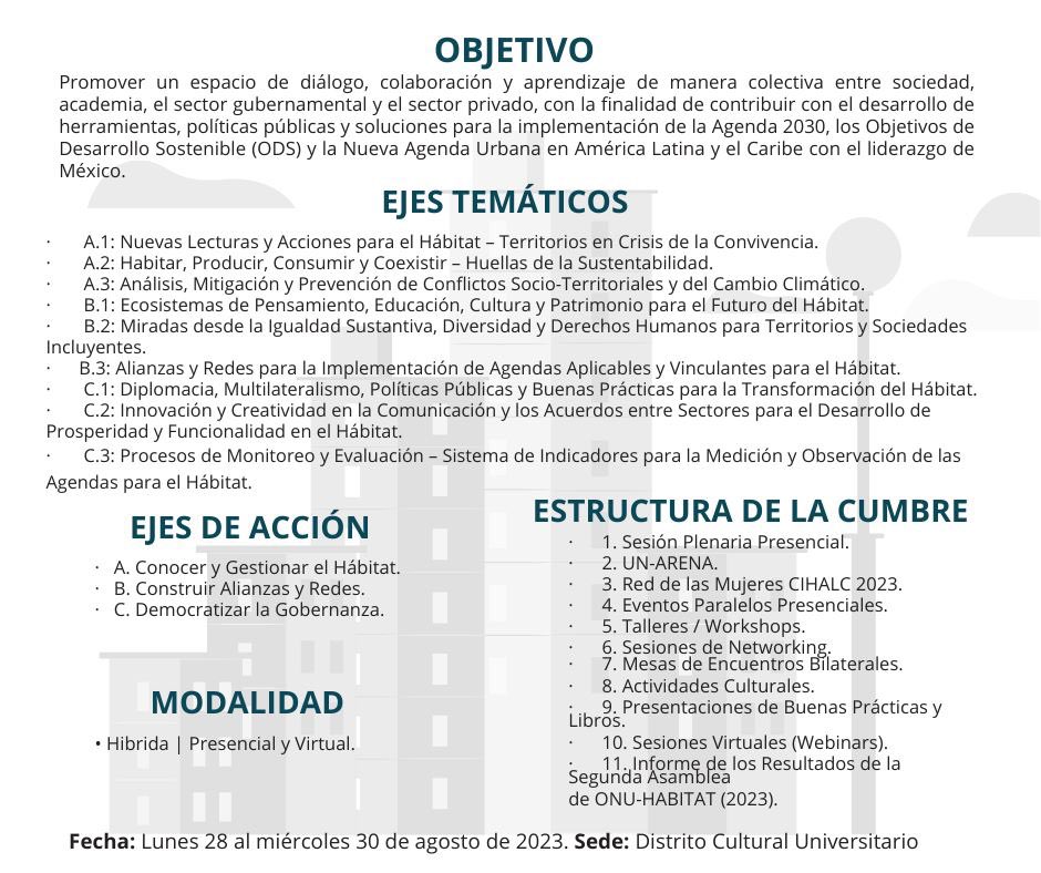 FLACMA_'s tweet image. Conoce los principales objetivos, ejes temáticos y estructura programática de la &amp;lt;Cumbre Internacional del Habitat de América Latina y el Caribe&amp;gt; #CIHALC2023

🗓 28 - 30 de Agosto

📍 Guadalajara 🇲🇽

ℹ️ flacma@flacma.lat