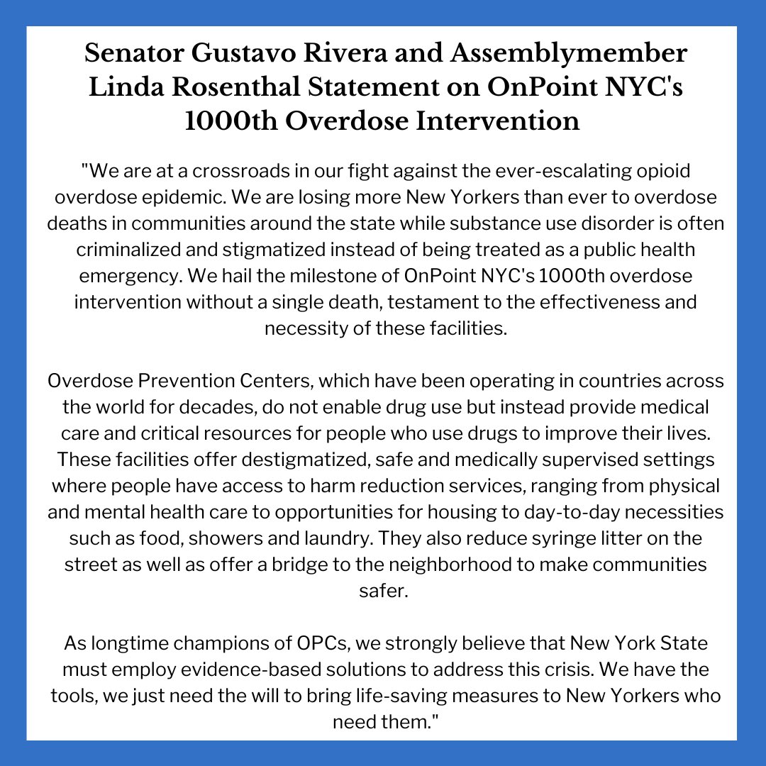 NYSenatorRivera's tweet photo. As champions of OPCs, @LindaBRosenthal &amp; I hail @_OnPointNYC's 1000th OD intervention without a single death, a testament to their effectiveness &amp; necessity. We have the tools, all we need is the will to bring these life-saving measures to NYers who need them. Full statement👇 https://t.co/4ItomJd8GJ