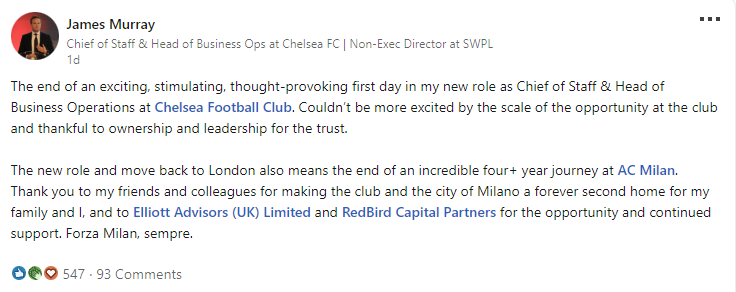 Matt on X: "James Murray has joined Chelsea as Chief of Staff ...