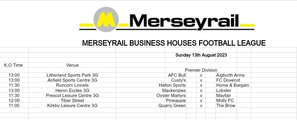 Sunday 13th August.

Premier Division Fixtures ⚽