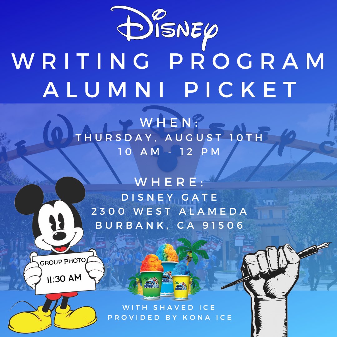 AdrianoftheVine's tweet photo. For alums of the Disney Writing Program, tomorrow morning is the alumni picket at Disney. Details on flyer. Hope to see you all there! #wgastrong https://t.co/XpZ0puZWqj