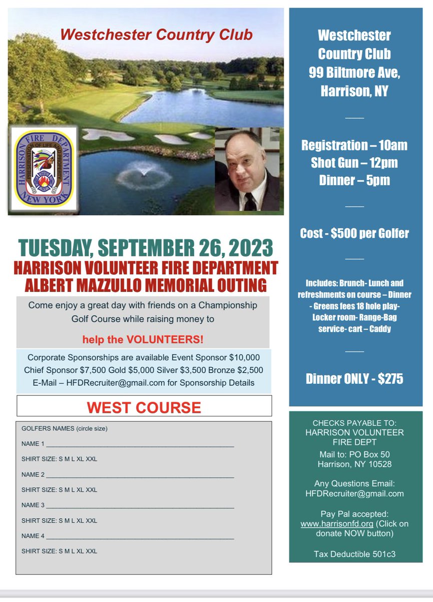 Harrison Volunteer Fire Department Golf Outing Honoring Albert Mazzullo 

Register now Spots are limited