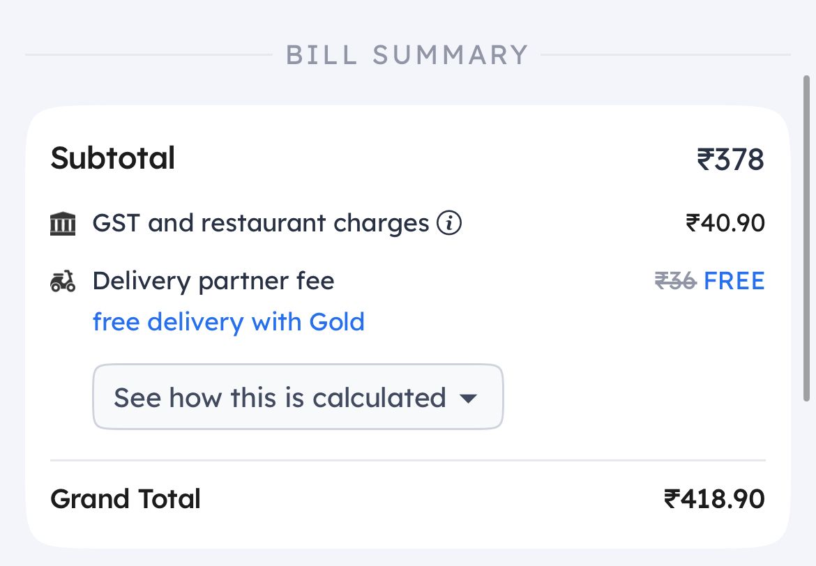_Meowjesty's tweet photo. Is @Swiggy committing a GST fraud? or is @zomato just paying some extra tax out of it's pocket?

While Calculating, Swiggy Charges 5% GST on (Food Total + Packing + Platform Fees)

On Other Hand Zomato Charges 5% GST on Food Bill, and then adds Packing + Platform Fees.

Thought? https://t.co/yCykrog3Z1