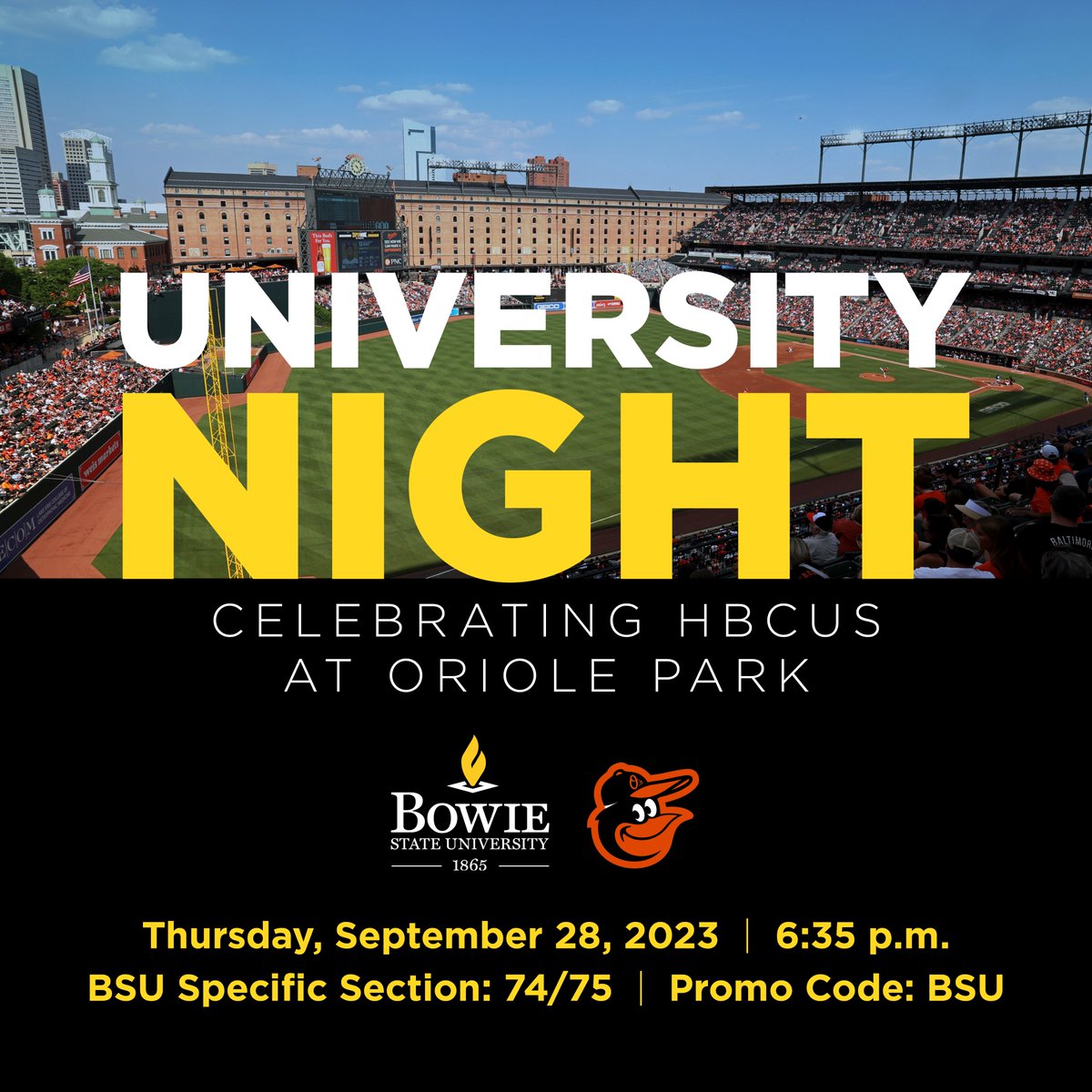 BowieState's tweet photo. Calling all Bulldogs! Join us for an unforgettable night of baseball at HBCU Night at Oriole Park! Let's show our #BSUPride and celebrate HBCUs, unity, and the thrill of America's favorite pastime. Get your tickets now and let's make it a night to remember https://t.co/2fkwLJc3Cg https://t.co/jNEszCv4b4