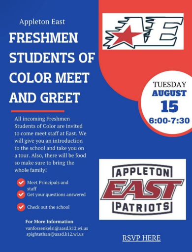CoryJBrewer's tweet photo. Come on @AppletonSchools. This is blatant racial discrimination. "Freshman Students of Color" invited to a meet and greet on Aug 15 while all other students have to wait until Aug 30 for their freshman orientation. Either call this off or open it up to all students. https://t.co/ozkP896ABt