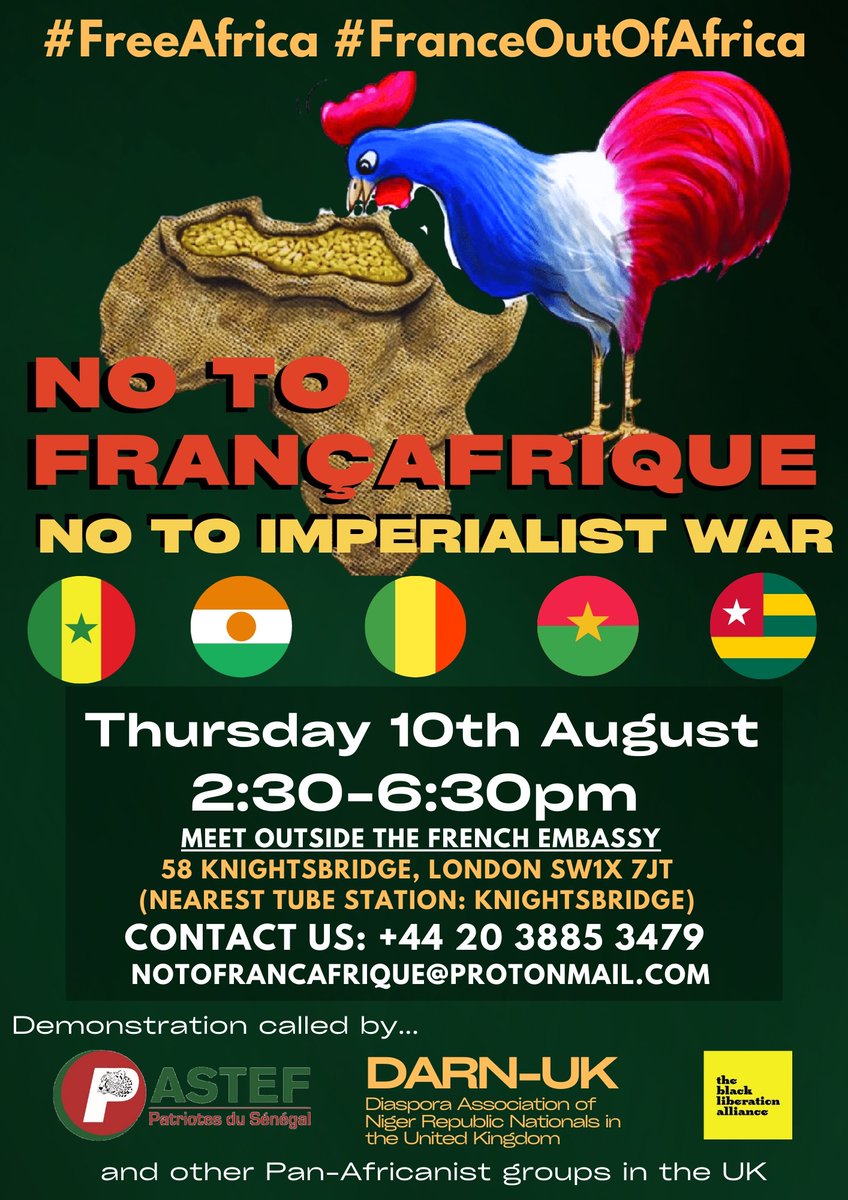 Solidarity with Niger and down with imperialism always. 

Join us tomorrow (Thurs 10th Aug) in front of the French Embassy in London to say no to Françafrique, no to imperialist wars, no to ECOWAS & no NATO in Africa! 

#FreeAfrica #FreeSenegal #ShutDownAfricom #FranceOutOfAfrica