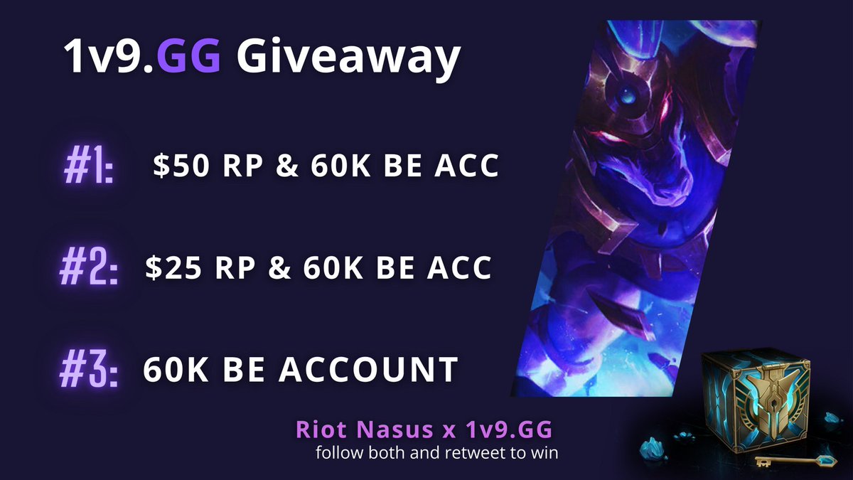 💰$100+ GIVEAWAY💰 

to enter like, tag a friend , retweet and follow:

<a href="/Riot_Nasus/">Riot Nasus</a>
&amp;
<a href="/1v9GG_/">1v9.GG</a>
Winners picked in 48 hours