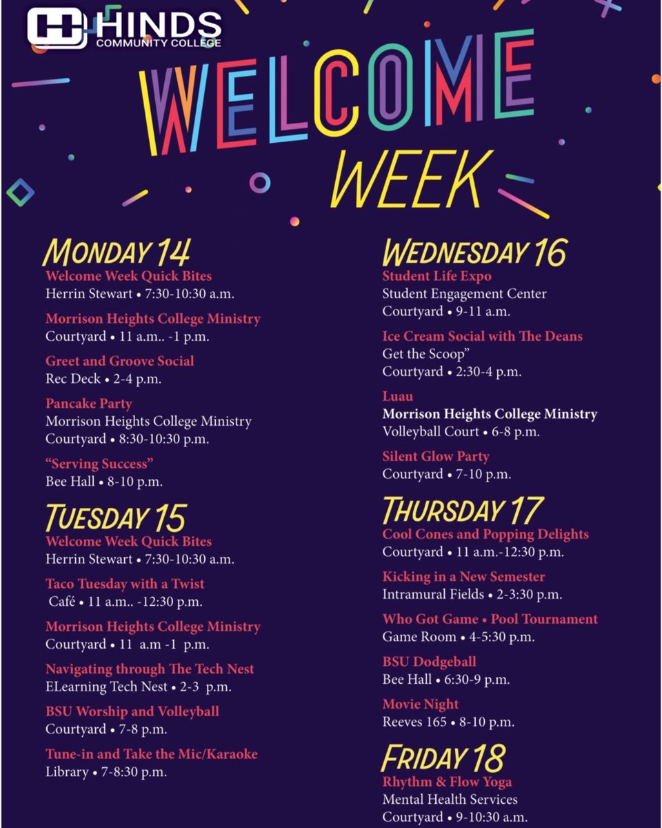 Hinds Community College (@hindscc) on Twitter photo Welcome All Incoming Students! Here's a guide to all of the events to help introduce the excellent community at the Hinds Raymond location, come immerse yourself in the energetic campus life and see what all we have to offer! #ItsHappeningAtHinds #HindsCC #HindsRaymond Welcome All Incoming Students! Here's a guide to all of the events to help introduce the excellent community at the Hinds Raymond location, come immerse yourself in the energetic campus life and see what all we have to offer! #ItsHappeningAtHinds #HindsCC #HindsRaymond
