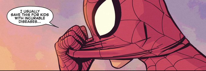 ElvingJack's tweet photo. An example of Zeb Wells' exceedingly bad writing in ASM#31. Using a mask reveal to make a witty meta-commentary joke about "The Kid Who Collects Spider-Man" a story that is entirely straight and heartfelt.

Wells' "School of Whedon" writing embodied here. https://t.co/s9UrNYYjzM