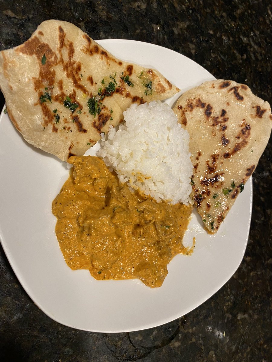 _Kennaah's tweet photo. First attempt. I know there are other recipes but I wanted to ease us in as we are not blessed with the taste pallet for these different spices. Butter chicken, white rice, and naan. https://t.co/hSUoT1A8cF