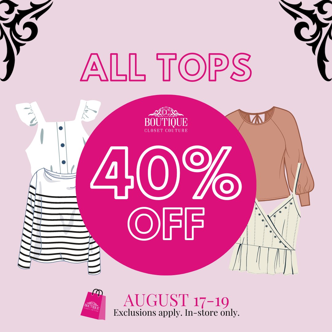 ClosetCoutureNV's tweet image. NEW SALE ALERT! All tops are now 40% off; August 17 - 19, in-store only. Don't miss out on this fantastic deal to help fill your closets.

#Sale #Brantford #ShopSaveSupport #CCBStyle