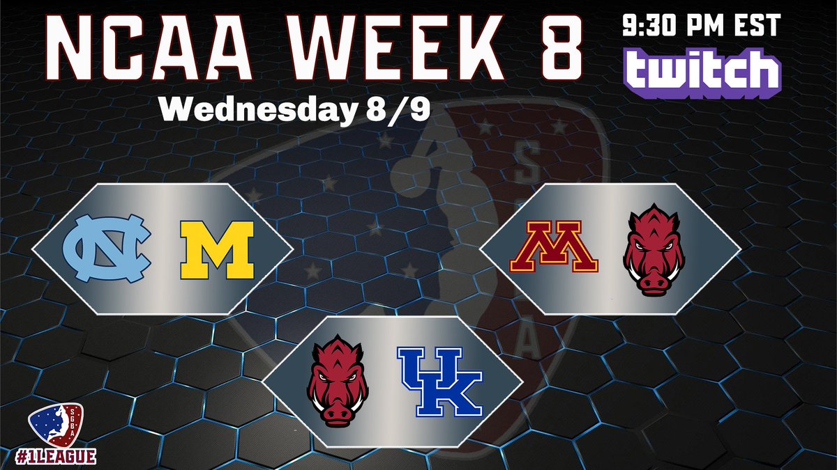 Week 8 action tonight.  Swing by Twitch 9:30pm est and join the live chat.  UNC v Michigan, Minnesota v Arkansas and Arkansas v Kentucky.  #1League #NBA2K #2k24 #NBA2K24 <a href="/iNetworkSports/">iNetwork</a> <a href="/GamerGrowth/">GamerGrowth</a> <a href="/SupportingStre3/">Network GG</a> <a href="/MiMi_Iink/">MiMi ®</a> <a href="/CaveaIO/">CAVEA</a> <a href="/JerkyProEsports/">JerkyPro eSports</a> twitch.tv/sgba2kleague