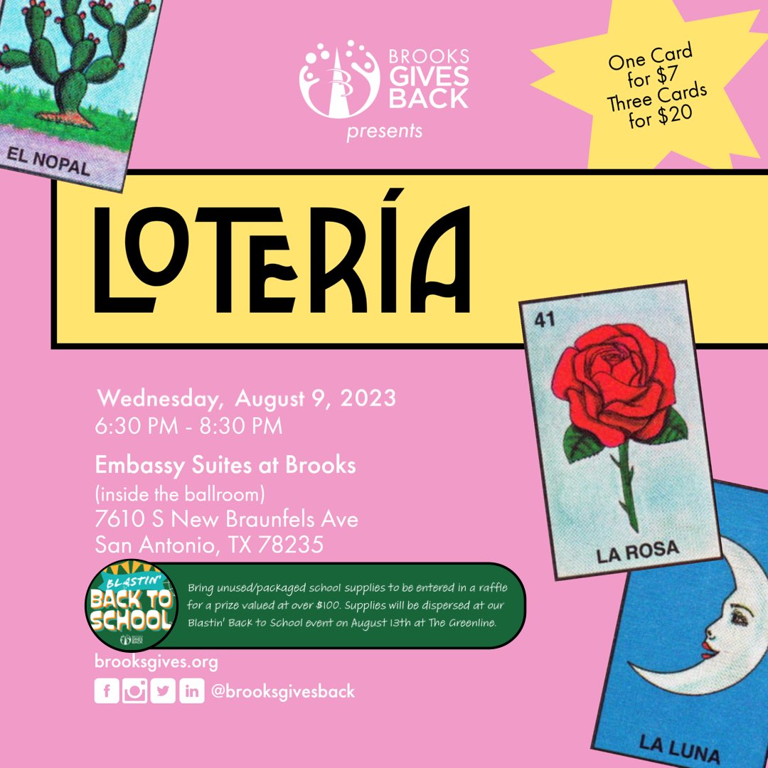 Join us this evening for our Give Back Night! Enjoy delicious food, play Lotería to win prizes, and feel good that the proceeds from the event will benefit our back-to-school supply giveaway. See you there! 📚 #brooksgives #satx #giveback #backtoschool #thingstodoinsanantonio
