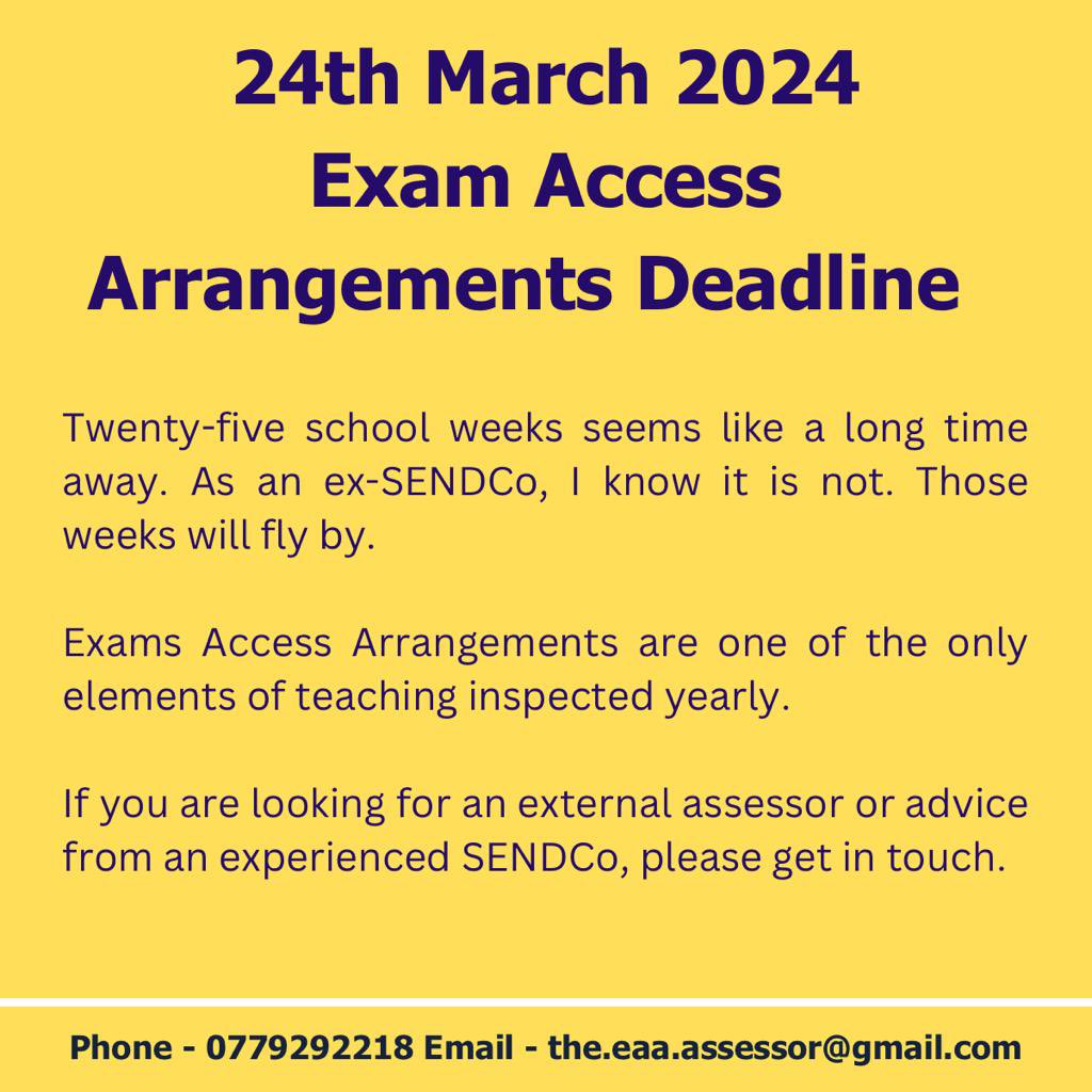 I still have some availability for both Exam Access Arrangements (EAA) Assessments and EAAs CPD for the 2023-2024 academic year. Please get in touch for more information.

#examaccessarrangements #eaas #accessarrangements #sendco #additionallearningneeds #send