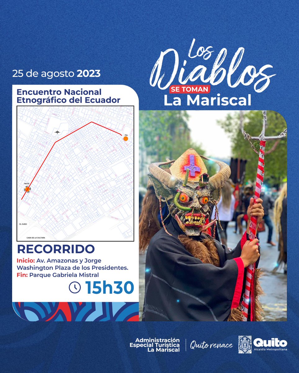 zonalamariscal's tweet photo. 🎉#VeranoDeLasArtes | "Los Diablos se toman La Mariscal" para refrendar el valor del patrimonio inmaterial del Ecuador.

📅Viernes, 25 de agosto
⏰Desde las 15h30
📍El desfile recorrerá las principales calles de La Mariscal

INICIO: av. Amazonas y Jorge Washington https://t.co/Dt96jxWg3a