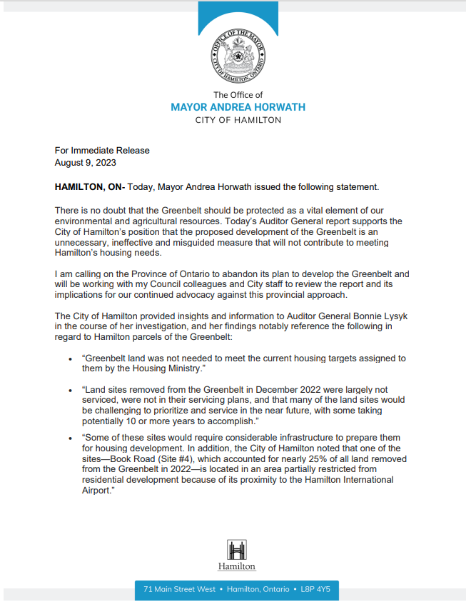 AndreaHorwath's tweet photo. It is an ineffective and misguided measure that will not contribute to meeting Hamilton’s housing needs. To this end, I am calling on the Province to abandon its approach. My statement here: https://t.co/LARGFJd28e