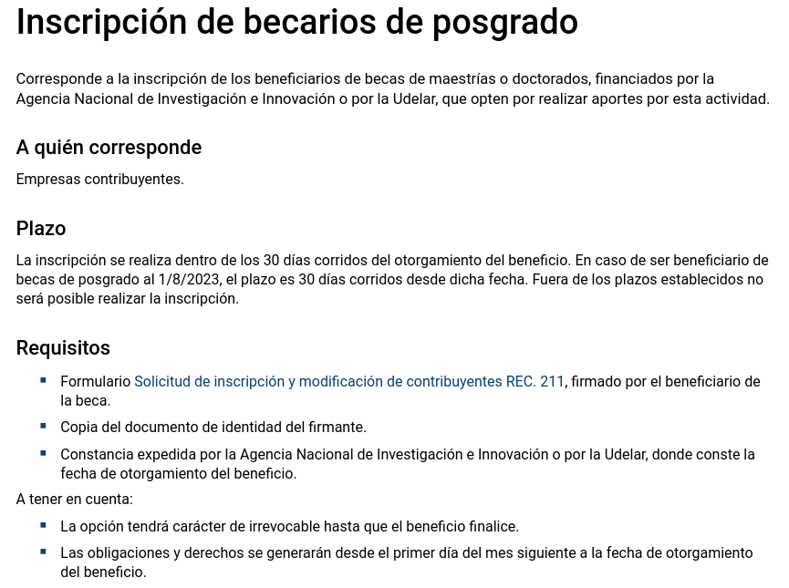 CapPosgrados's tweet image. 📢IMPORTANTE: Las personas beneficiarias de becas de posgrado financiadas por la @ANIIuy o por la @Udelaruy pueden realizar aportes al @BPSuy_ por esta actividad si no tienen otra que les brinde cobertura de seguridad social. Información y registro en: bps.gub.uy/20783/becarios…