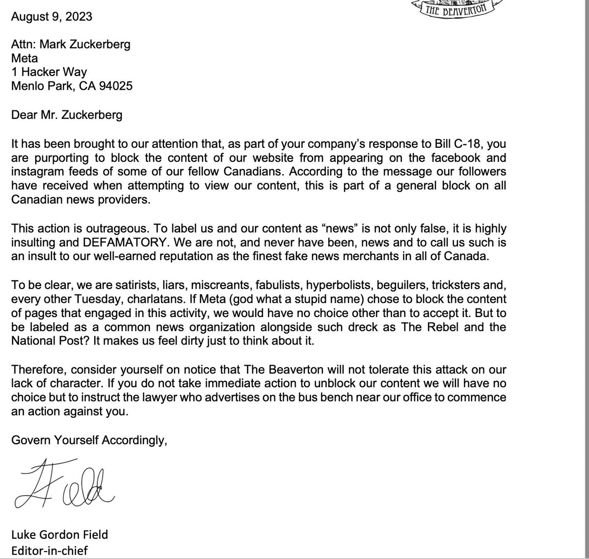 TheBeaverton's tweet image. Attention @Meta we will not allow our reputation to be sullied by being categorized as "news".