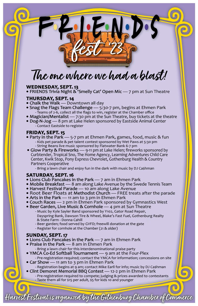 We'll be there for you ... 'cause you're there for us too ...
We are SO excited to finally be able to share the 2023 Harvest Festival schedule with you all! The Chamber's events committee has worked hard to provide fun for ALL ages. Don't be stuck in second gear ... get involved!