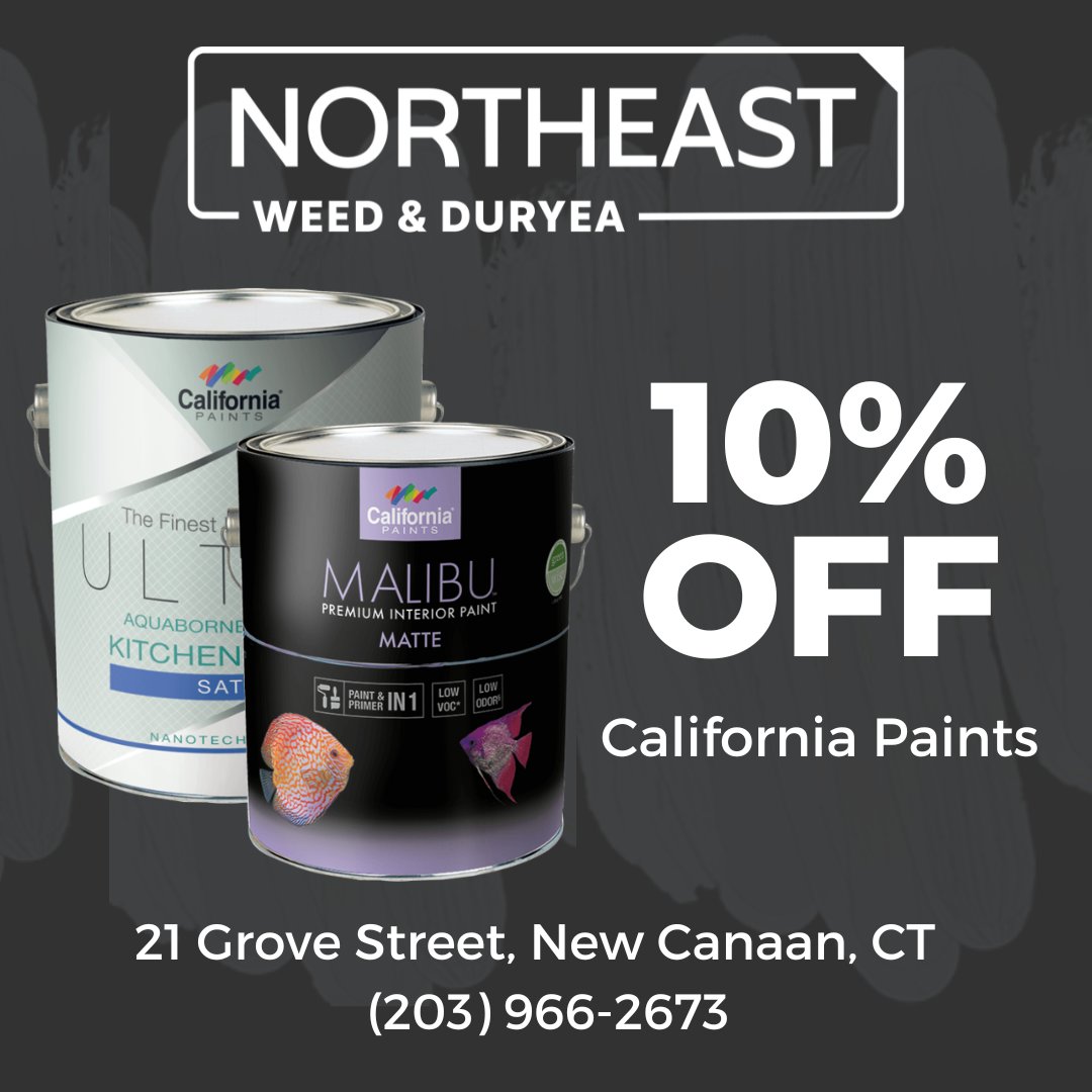 Receive a 10% discount of any gallon of interior or exterior paint from California Paints. Bring a room inside your home to life or spruce up your outdoor shed with a fresh new color.

#northeastco #northeastweedandduryea #jointeamnortheast #home #livenewcanaan #paintspecials