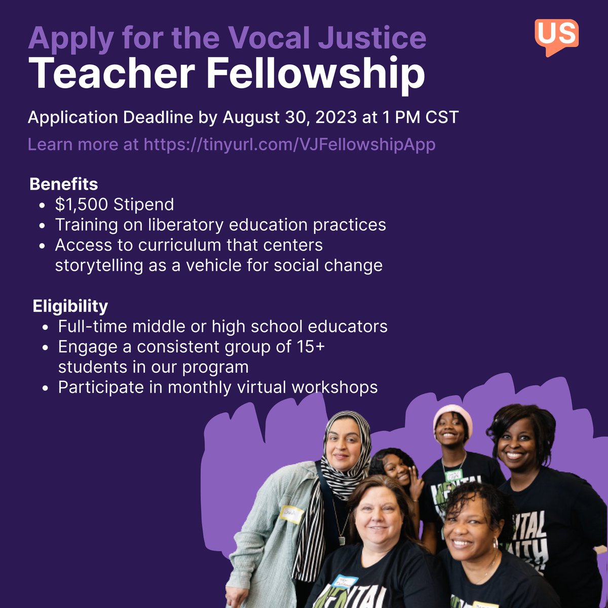 vocal_justice's tweet photo. The application for our Teacher Fellowship is still open! If you are teaching in or near Atlanta, Chicago, Detroit, Jackson, or New Orleans — we especially encourage you to apply. 

To learn more about the Fellowship, visit https://t.co/s4DUVWWv3y https://t.co/ABdShYquhh