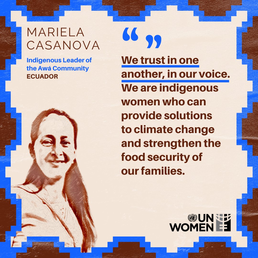 UN Women (@un_women) on Twitter photo "We trust in one another, in our voice. We are Indigenous women who can provide solutions to climate change and strengthen the food security of our families," says Mariela Casanova from Ecuador, an Indigenous Leader of the Awa Community.
#IndigenousPeoplesDay
Via <a href="/ONUMujeres/">ONU Mujeres</a> "We trust in one another, in our voice. We are Indigenous women who can provide solutions to climate change and strengthen the food security of our families," says Mariela Casanova from Ecuador, an Indigenous Leader of the Awa Community.
#IndigenousPeoplesDay
Via <a href="/ONUMujeres/">ONU Mujeres</a>