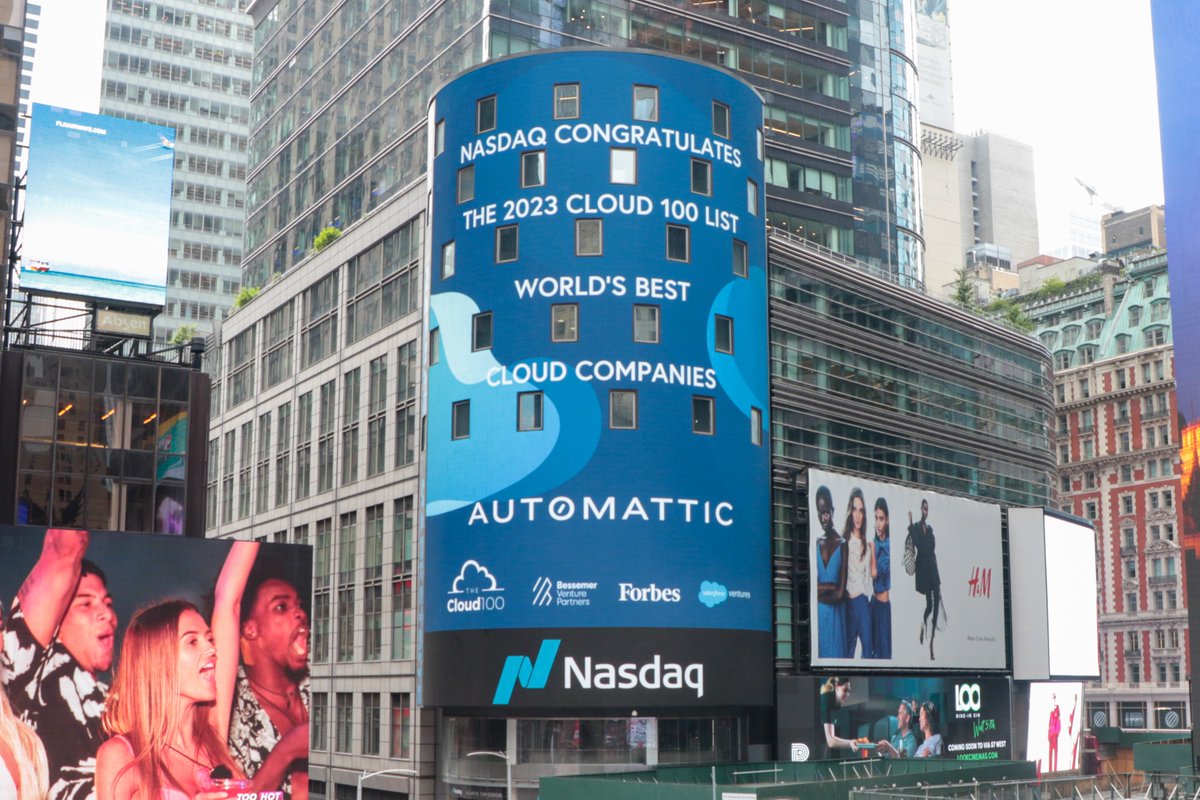 Automattic (@automattic) on Twitter photo We made it to Times Square! 🤩 We're so proud to be on the 2023 <a href="/cloud100/">The Cloud 100</a> list of the top 100 biggest private ☁️ companies in the world. Thank you for the recognition <a href="/Forbes/">Forbes</a> <a href="/BessemerVP/">Bessemer</a> <a href="/SalesforceVC/">Salesforce Ventures</a>. forbes.com/lists/cloud100 #Cloud100 We made it to Times Square! 🤩 We're so proud to be on the 2023 <a href="/cloud100/">The Cloud 100</a> list of the top 100 biggest private ☁️ companies in the world. Thank you for the recognition <a href="/Forbes/">Forbes</a> <a href="/BessemerVP/">Bessemer</a> <a href="/SalesforceVC/">Salesforce Ventures</a>. forbes.com/lists/cloud100 #Cloud100