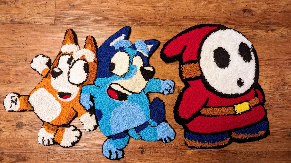 wavesngames's tweet photo. Finally finished the rugs for my girls. Now to start the one for my wife. Think I'll get it done before her birthday?
#blueyfanart #shyguy #punchneedlerug https://t.co/ThhEvTHXFK