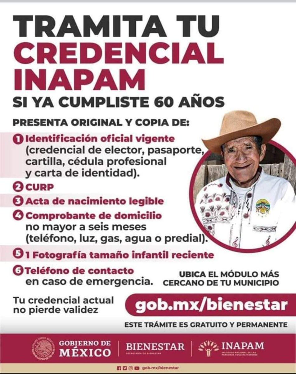 GobiernoTlahuac's tweet photo. ¿Ya cumpliste #60años?| Tramita hoy la 💳 del INAPAM gratuitamente en la #FeriaDelBienestar del @GobCDMX, en Calle Ejido, Col. #LasPuertas, San Fco. #Tlaltenco hasta las 14hrs.
Para más informacion visita: 👇 https://t.co/uAbF0YSag1. @BienestarTlahua
Solicita estos requisitos: 👇 https://t.co/oUDkVvPSXm