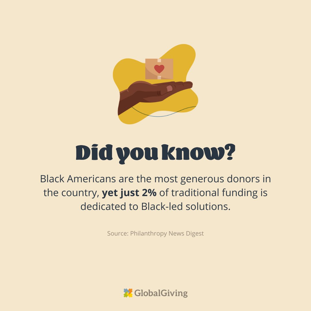 GlobalGiving's tweet photo. Did you know? Black Americans are the most generous donors in the country, yet just 2% of traditional funding is dedicated to Black-led solutions. 

Back Black and help close the funding gap: https://t.co/Dn4CYrjyNb
#BackBlack #BlackPhilanthropyMonth #CloseTheGivingGap https://t.co/tNabpsq9IQ