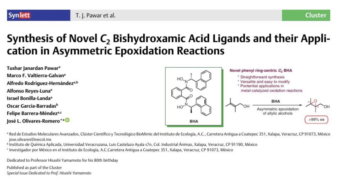 olivaresjlo's tweet photo. Happy to share our recently accepted article in Synlett as part of the special issue dedicated to Prof Hisashi Yamamoto. Thanks @thiemechemistry https://t.co/ljUS6oFYxa