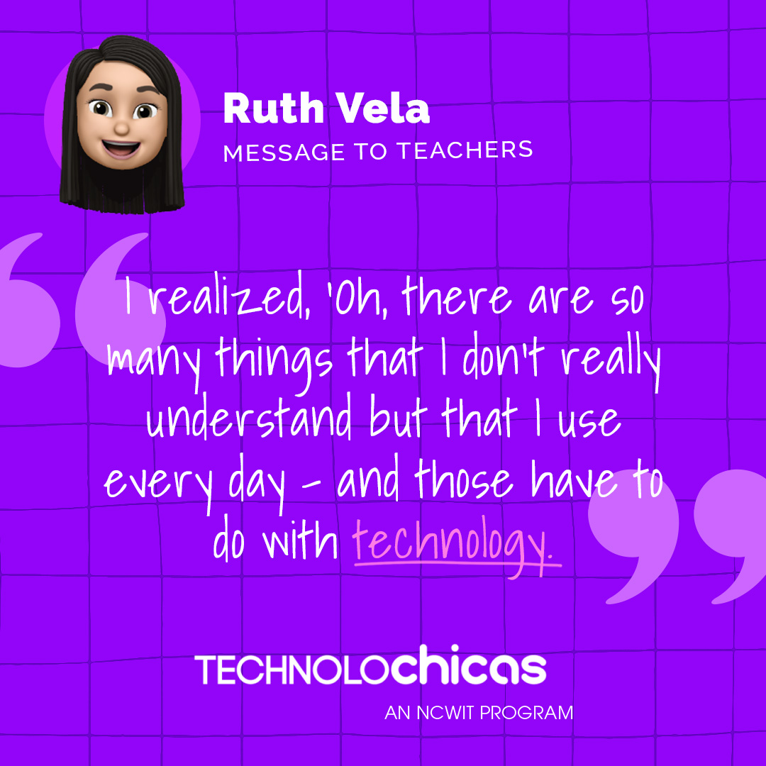 When #TECHNOLOchicas 5.0 rep Ruth Vela was going #BackToSchool, her middle school required students to take a workshop. She chose electronics, but there were only four other women in the class! Here's how her teachers inspired her:

▶️ Video for teachers: youtu.be/hqzdc2t9hXc