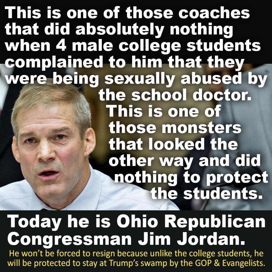 <a href="/GeoRebekah/">Rebekah Jones</a> <a href="/Jim_Jordan/">Rep. Jim Jordan</a> Gosh, Gymmy, you sure do focus a lot of your attention on supporting pedophiles and sex predators.  I wonder why.  Oh.  Wait.  Never mind.