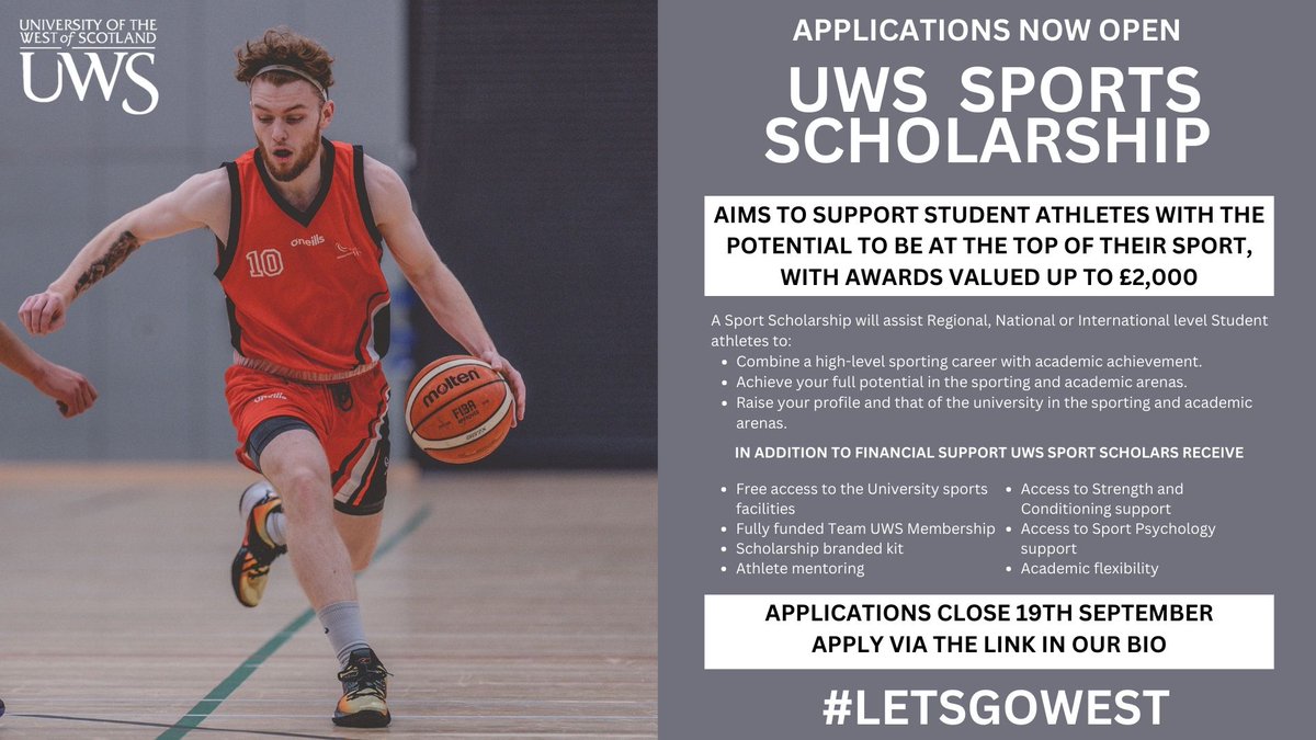 🚨 APPLICATIONS OPEN 🚨 Team UWS and UWS Sport are delighted to open applications for the 2023/24 UWS Sport Scholarship Programme to student athletes at @UniWestScotland! More details below, applications close 19th September. Apply here: forms.office.com/e/SGrU2xnfRt