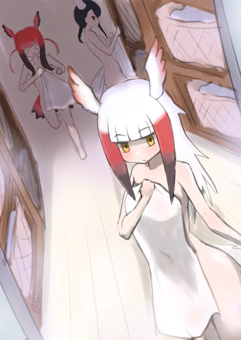 お風呂に入る直前のトキちゃんズ #けものフレンズ 