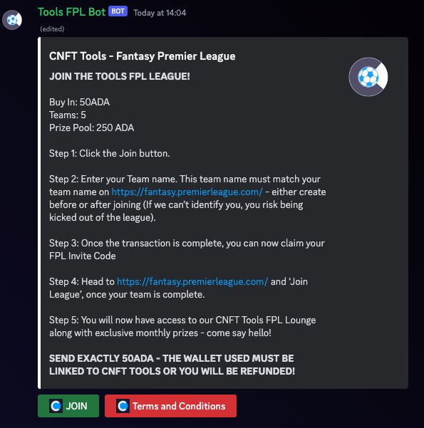 🏆Toolheads FPL Competition🏆

Fantasy Premier League is back &amp; we’ve created a new sweet bespoke bot to make the experience even sweeter for players!

⚽️ Join by Aug 31st to put your football managing skills to the test.

✅ 50 ADA Entry Fee*
*All Entries go to the Prize Pool*