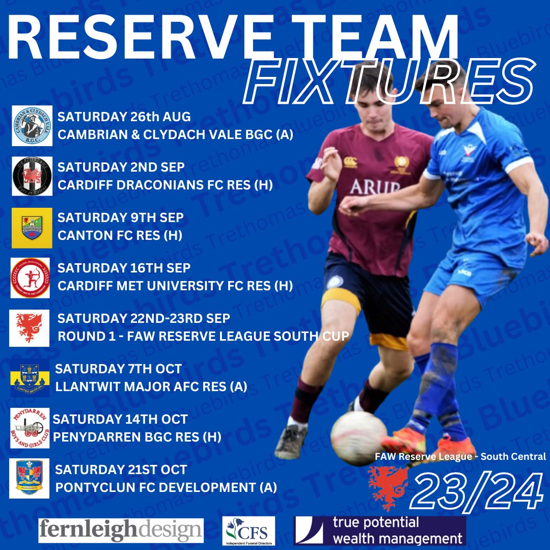 💙Our reserve team fixtures are out for August-October💙
We're always on the look out for more players to join our reserves, so if that's you then contact us or email us on info@trethomasbluebirds.co.uk
Please re-tweet
@FernleighDesign 
<a href="/TruePotential_/">True Potential</a> 
<a href="/CaerphillyFS/">Caerphilly Funeral Services</a> 
#UppaTre