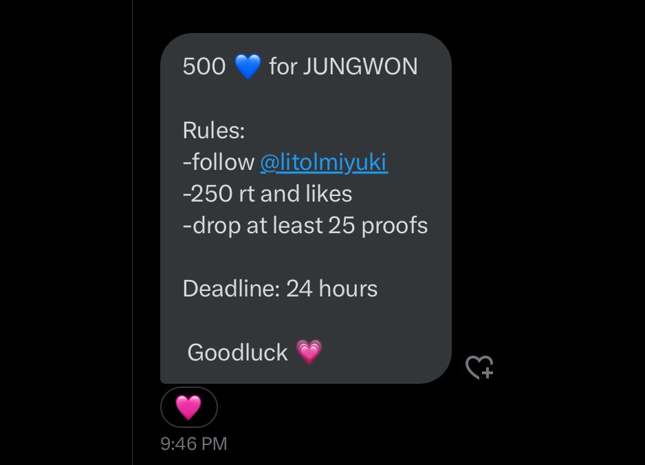 500 💙 for JUNGWON

Rules:
-follow <a href="/litolmiyuki/">miyu votes 🤎</a> 
-250 rt and likes
-drop at least 25 proofs

Deadline: 24 hours

#ENFuelUp #ENVOOSTERS