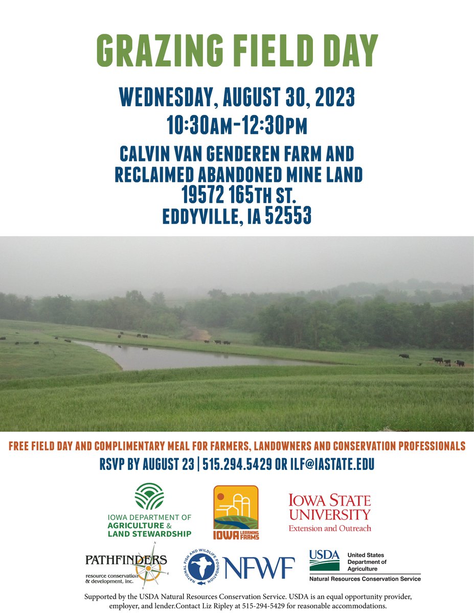 IowaMonroe's tweet photo. Grazing Field Day
WEDNESDAY, AUGUST 30, 2023 10:30am-12:30pm
Calvin Van Genderen Farm and reclaimed abandoned mine land
19572 165th St. Eddyville, IA 52553 

RSVP BY AUGUST 23 | 515.294.5429 OR ILF@IASTATE.EDU https://t.co/tSQwHCfvVd