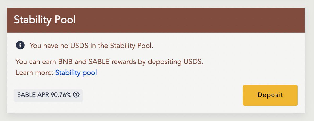 币安链上新兴的稳定币协议 @SableFinance 最近上线 Beta，团队成员更出席了 @BNBChain 的 AMA分享协议发展和产品更新，币安这波流量看来也带了波关注度

Sable 做的是去中心化稳定币 $USDS 。目前 Beta 版本接受 BNB 为抵押品，提取零息贷款。提取了 $USDS 以后，目前质押到 @SableFinance 的稳定币清算池子，可以获得超过 90% APR。

链上数据看到几个持仓过300枚 $BNB 的大户都存进了清算池子赚取 $SABLE 收益。 同步 $USDS 上线了 @WombatExchange，目前 $veWOM  贿赂的年化也超过了200%，这个激励活动的奖励金额不少哦，可以关注一下