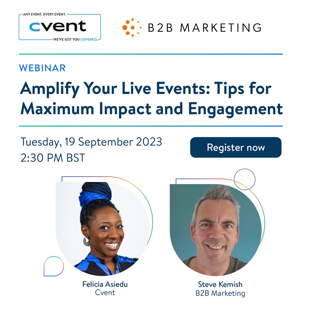 Are you ready to turn up the volume on your #liveevents? Join #B2BMarketing and @cvent's webinar on 19th September as we cover how to engage your attendees, create a unified #event programme, and embrace #technology to enhance the attendee experience. okt.to/39iGwJ