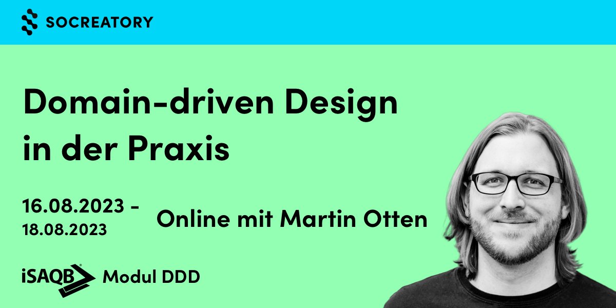 socreatory (@socreatory) on Twitter photo #ddd für Kurzentschlossene – nächste Woche findet ein iSAQB CPSA-A DDD-Training bei unserem Trainer <a href="/MartinOtten/">Martin Otten</a> statt.
Zwei Plätze sind noch frei – seid dabei:
socreatory.com/de/trainings/d…
#softwarearchitektur #ddd für Kurzentschlossene – nächste Woche findet ein iSAQB CPSA-A DDD-Training bei unserem Trainer <a href="/MartinOtten/">Martin Otten</a> statt.
Zwei Plätze sind noch frei – seid dabei:
socreatory.com/de/trainings/d…
#softwarearchitektur