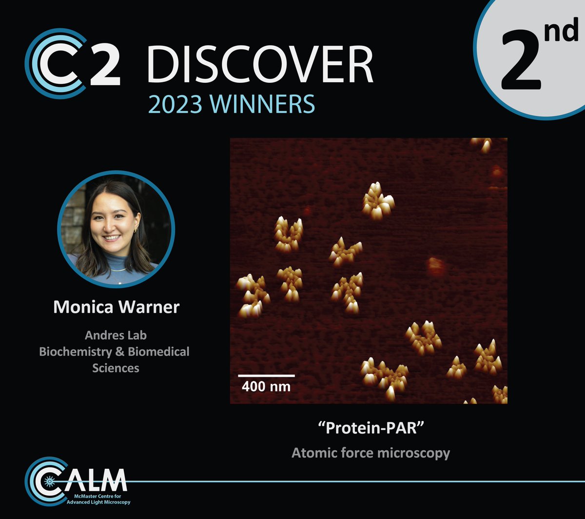 CalmMcmaster's tweet photo. The 2nd place prize of our C2Discover Microscopy Competition goes to Monica Warner (@monicamwarner, @structureSara Andres Lab) with a stunning atomic force microscopy image of DNA repair protein bound to ends of poly(ADP-ribose) chains. https://t.co/cfPWRsVuAb