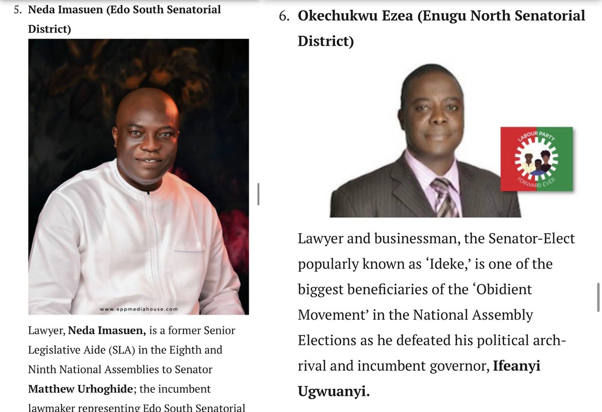 TheSerahIbrahim's tweet photo. WE ARE WATCHING

We see how Godswill Akpabio has continued to rubber-stamp and embarrass himself and the Senate house.
We know how Senators have continued to disgrace themselves and disregard their office.

To the Labour Party Senators, your job there is to call out ALL rascalities, grow a better Nigeria by leading exceptional bills, stand by the people and take feedback from those you represent and speak up for those who voted you in. 

The Labour Party Senators should not be seen or heard as being part of the problem. WE WILL TAKE YOU OUT.

If you want to join the rascals to belittle the people of Nigeria and not speak up for what is right and just, WE WILL REMOVE YOU FROM THAT SEAT.
 
Ezenwa Francis Onyewuchi (Imo East Senatorial District) 
@EzenwaOnyewuchi 

Darlington Nwokocha (Abia Central Senatorial District)
@SenatorDarlooo 

Victor Umeh (Anambra Central Senatorial District) 
@SenVictorUmeh 

Tony Nwoye (Anambra North Senatorial District) 
@tony_nwoye 

Neda Imasuen (Edo South Senatorial District) 
@SenNedaImasuen 

Okechukwu Ezea (Enugu North Senatorial District) 
@okechukwuezea 

Ireti Kingibe (FCT Senatorial District)
@IretiKingibe 

BE RIGHT AND JUST
Always speak up. That is why you are there.
WE ARE WATCHING.