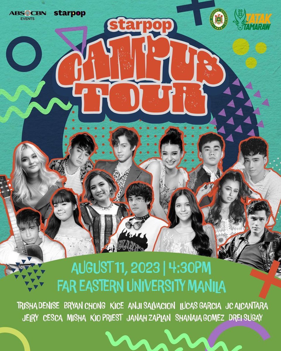 anjisalvacion's tweet photo. #StarPopCampusTour goes to... FEU!!! 💛💚
Jam with Kice, JC Alcantara, Trisha Denise, #LucasGarcia, Bryan Chong, Drei Sugay, Janah Zaplan, JEL REY, Misha De Leon, Kio Priest, CESCA, Shanaia Gomez and me on August 11, 2023 @ Far Eastern University Manila! ✨
LET'S GO, TAMARAWS! 🤩 https://t.co/XejR7tsaKp