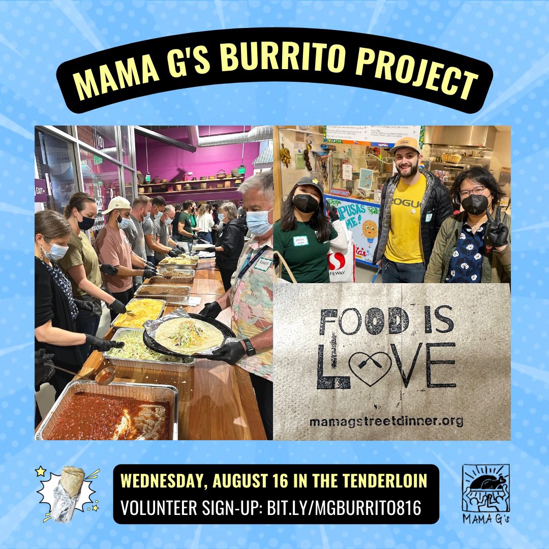 mamaGsf's tweet photo. Join us for the last Mama G's Burrito Project of the season on Wednesday, August 16th! 🌯🧡

Volunteer to help make and deliver 300+ burritos to our neighbors in the Tenderloin! 

We still have volunteer slots open, so sign up ASAP at: https://t.co/jjbLHsJ5FG https://t.co/5LA1RhP20v